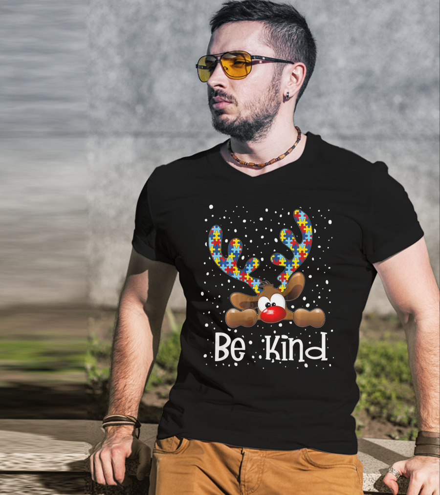 Be Kind Autism Awareness Reindeer With Puzzle Piece Antlers T-Shirt