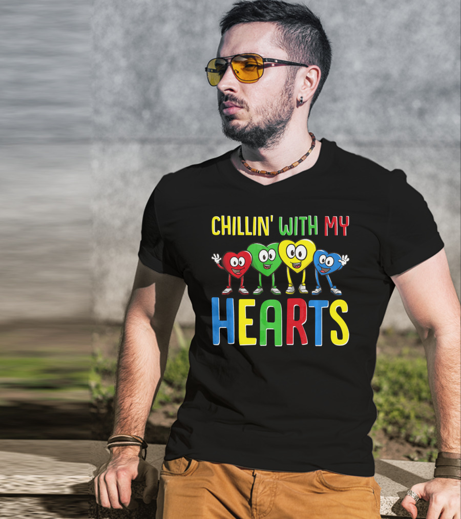 Chillin With My Hearts Colorful Cartoon Characters T-Shirt