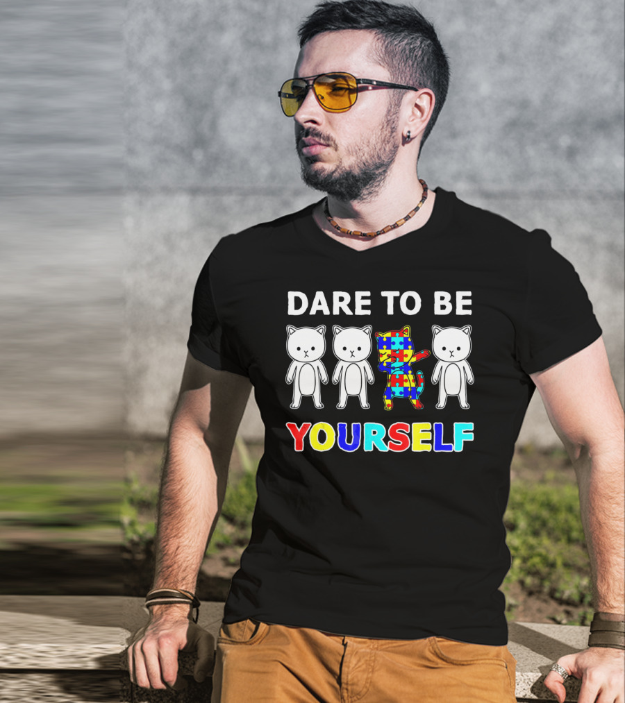 Dare To Be Yourself Cat Dabbing Autism Puzzle T-Shirt