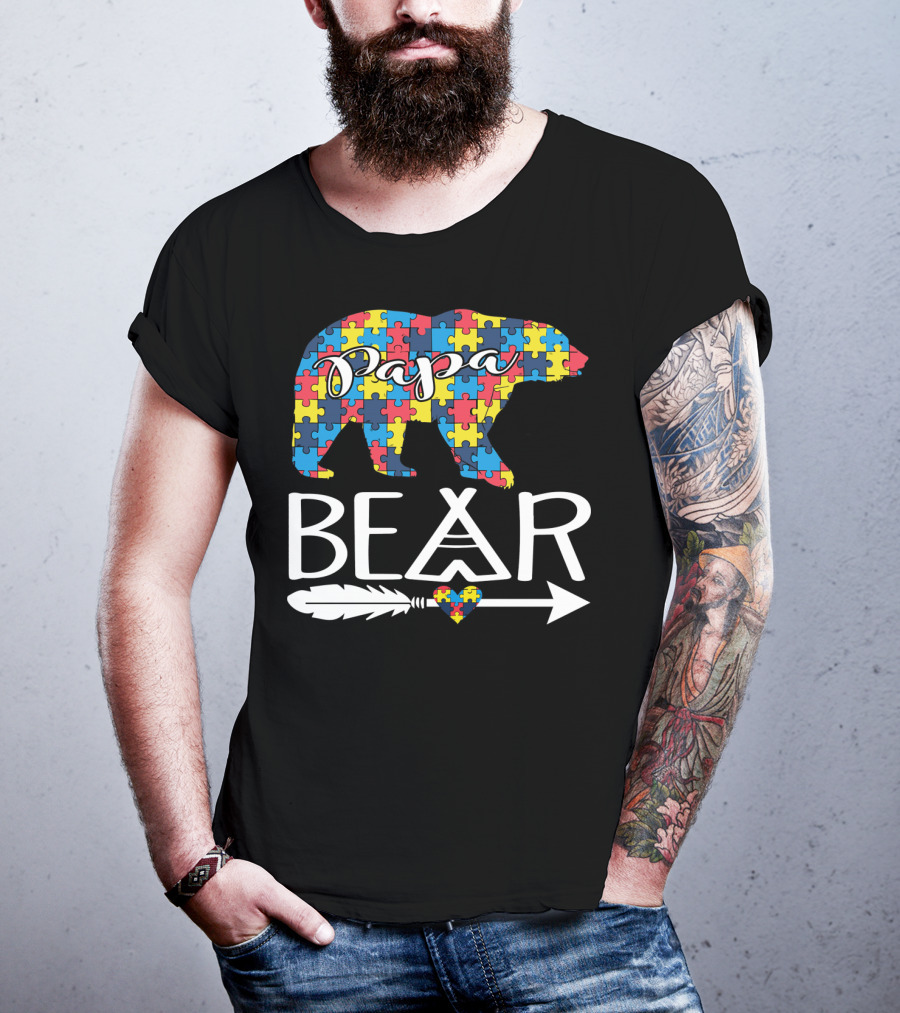 Papa Bear Puzzle Heart Autism Awareness T-Shirt