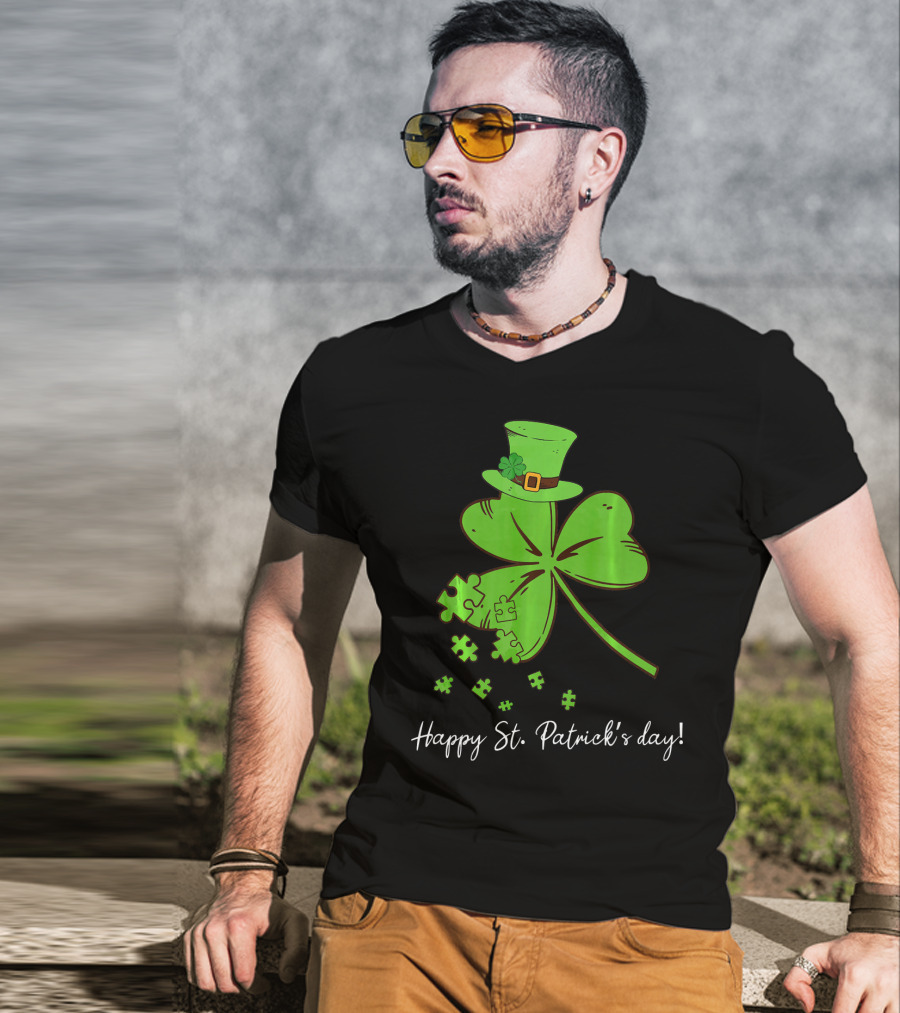 Happy St. Patrick's Day Puzzle Shamrock With Leprechaun Hat T-Shirt