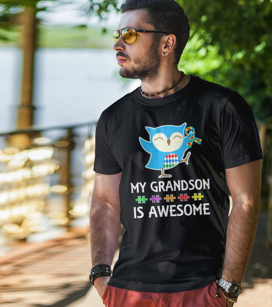 Autism Awareness My Grandson Is Awesome Owl Puzzle T-Shirt