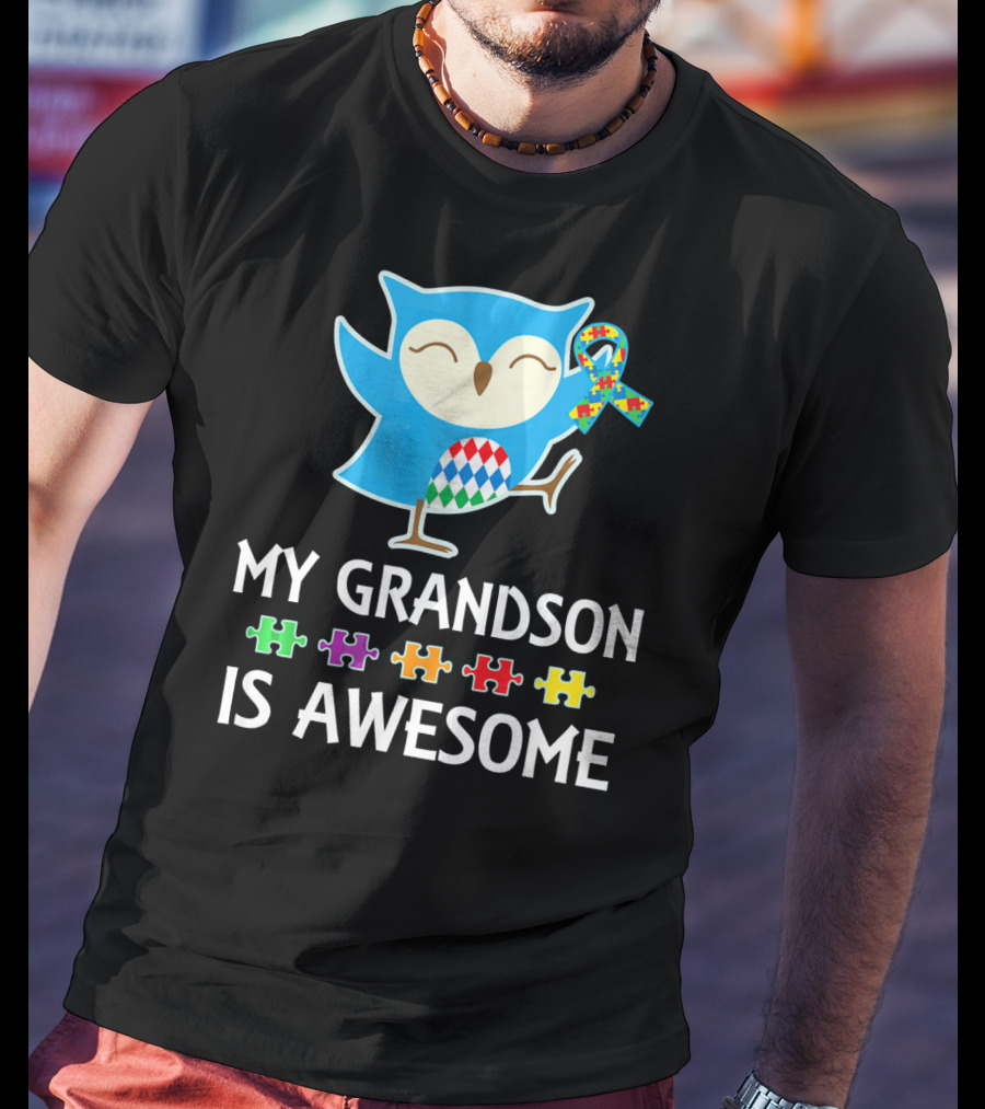 Autism Awareness My Grandson Is Awesome Owl Puzzle T-Shirt
