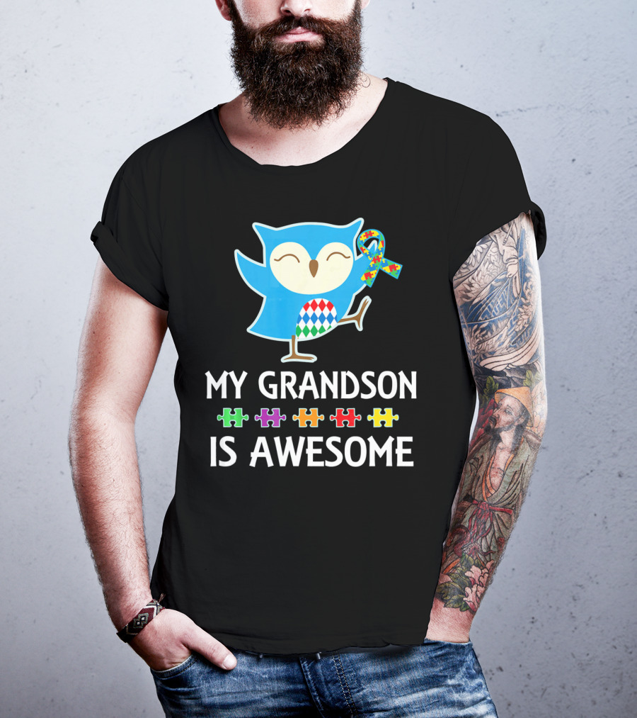 Autism Awareness My Grandson Is Awesome Owl Puzzle T-Shirt