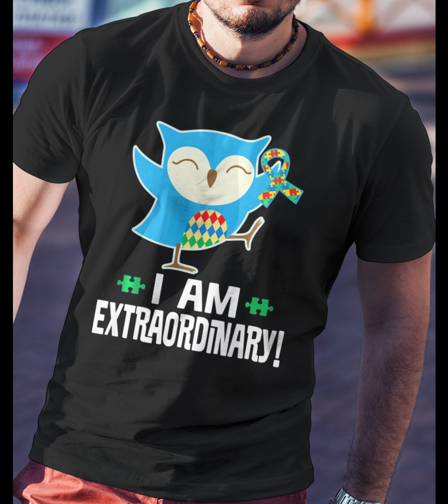 I Am Extraordinary Autism Awareness Autistic Spectrum Disor Puzzle Ribbon Owl T-Shirt