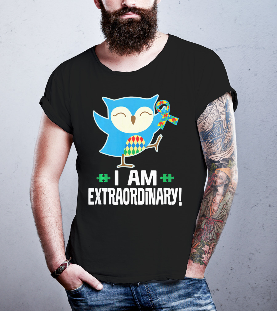 I Am Extraordinary Autism Awareness Autistic Spectrum Disor Puzzle Ribbon Owl T-Shirt