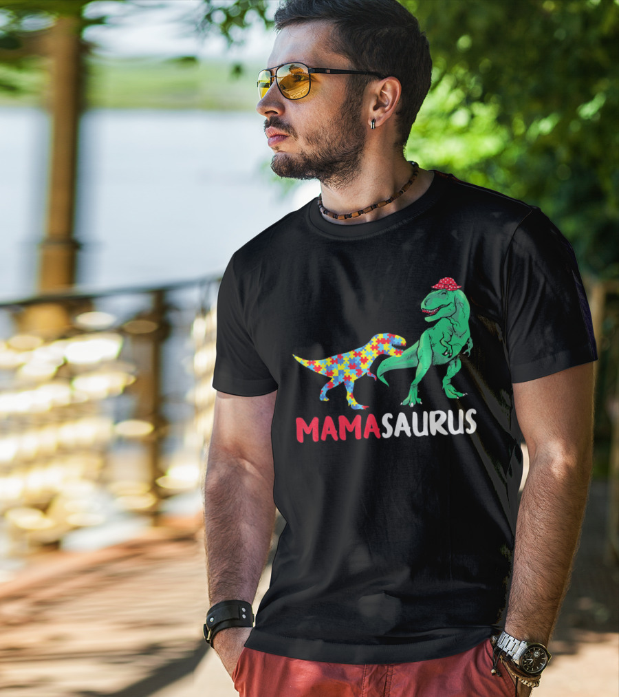 Mamasaurus Mama Dinosaur Puzzle Pattern Autism Awareness T-Shirt