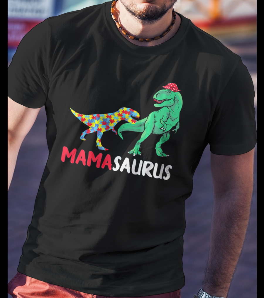 Mamasaurus Mama Dinosaur Puzzle Pattern Autism Awareness T-Shirt