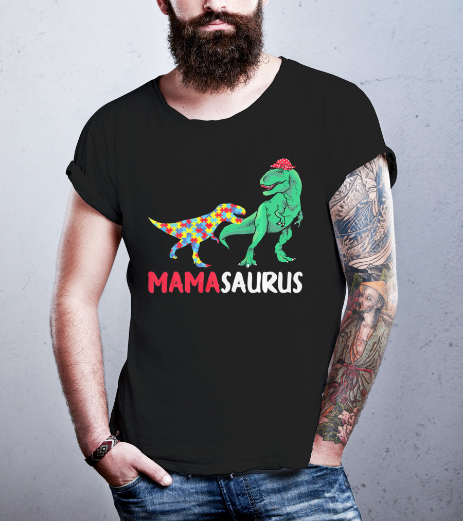 Mamasaurus Mama Dinosaur Puzzle Pattern Autism Awareness T-Shirt