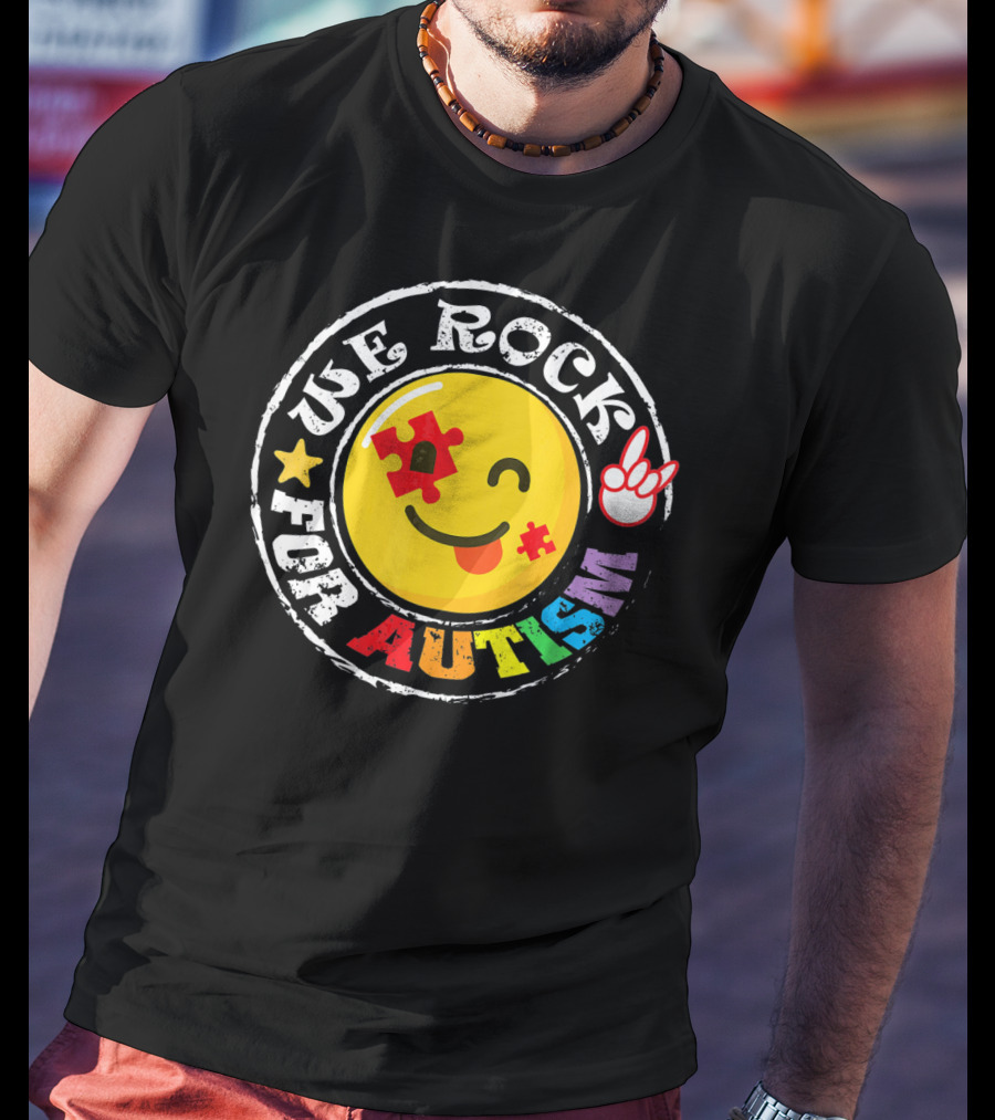 We Rock For Autism Puzzle Face Emoji With Hand Sign T-Shirt