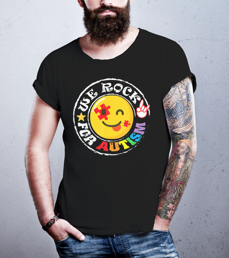 We Rock For Autism Puzzle Face Emoji With Hand Sign T-Shirt