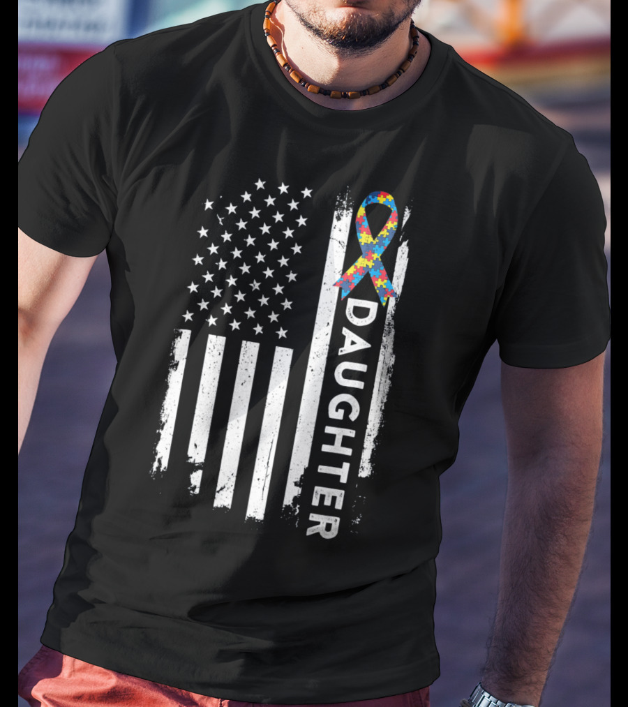 Daughter Autism Awareness American Flag Puzzle T-Shirt