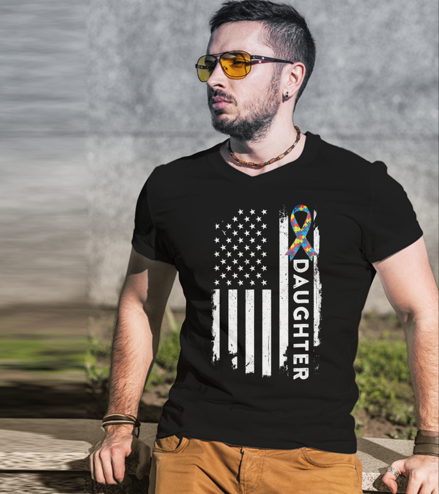 Daughter Autism Awareness American Flag Puzzle T-Shirt