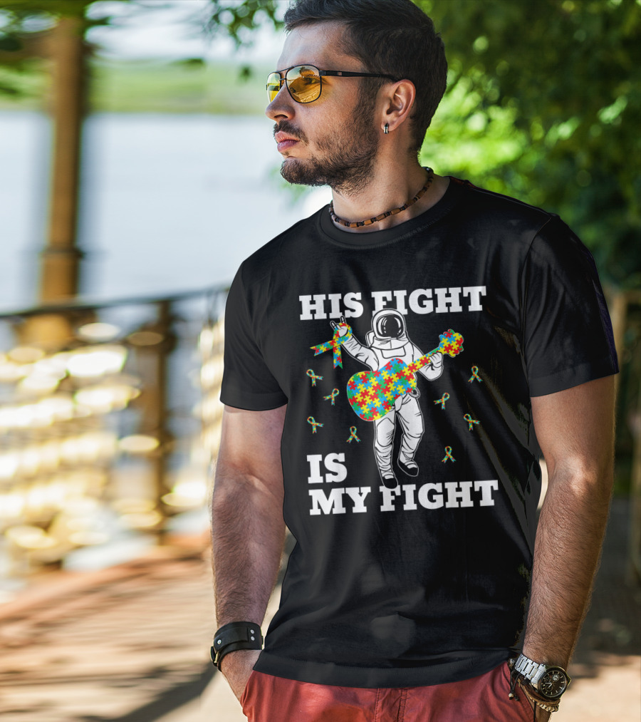 His Fight Is My Fight Autism Awareness Astronaut With Puzzle Guitar T-Shirt