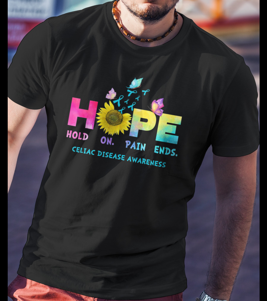 HOPE Hold On Pain Ends Celiac Disease Awareness Ribbon Sunflower Butterfly T-Shirt