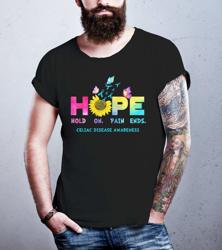 HOPE Hold On Pain Ends Celiac Disease Awareness Ribbon Sunflower Butterfly T-Shirt