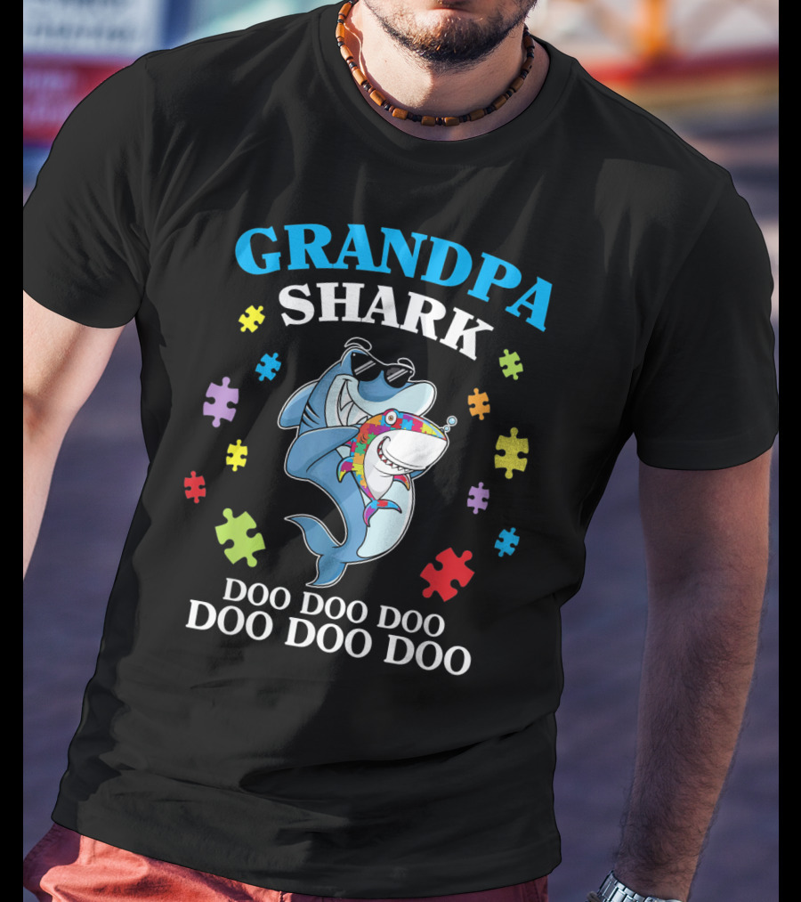 Grandpa Shark Doo Doo Doo Doo Funny Autism Puzzle Pieces T-Shirt