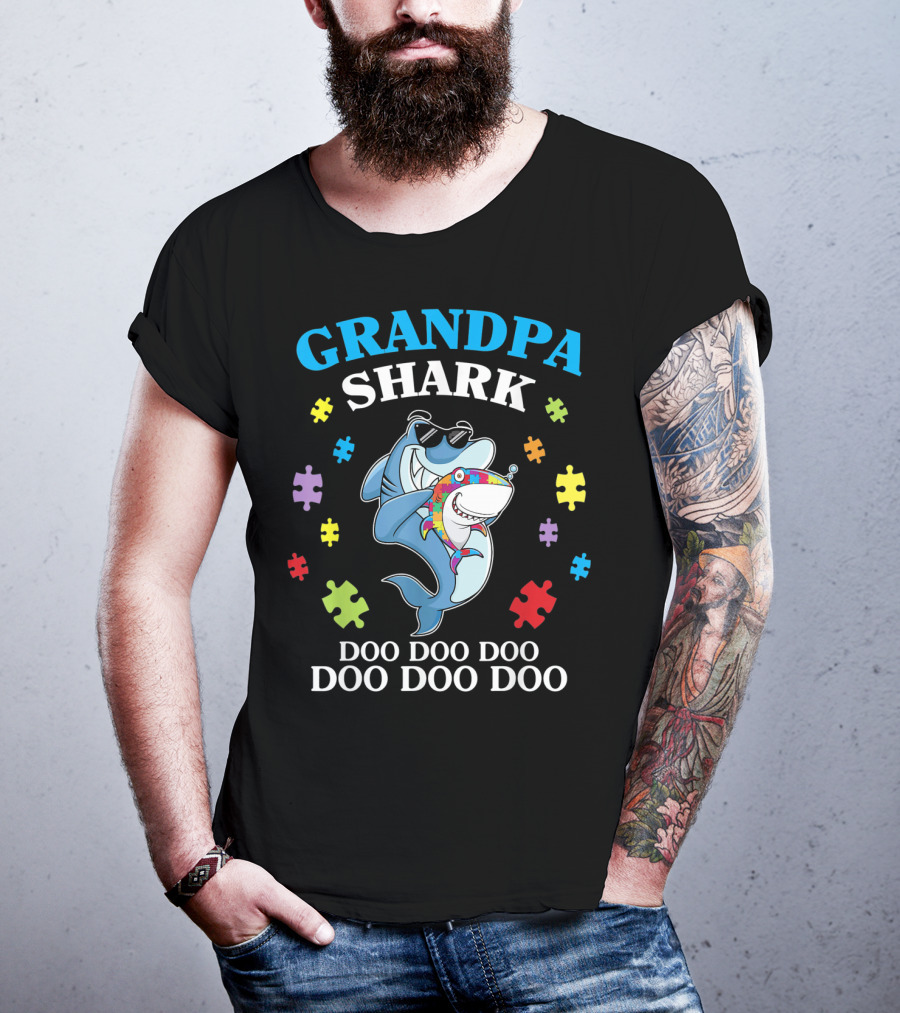 Grandpa Shark Doo Doo Doo Doo Funny Autism Puzzle Pieces T-Shirt