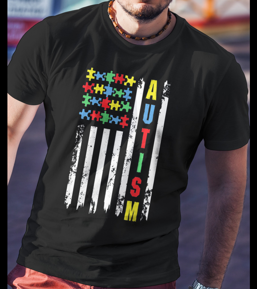 Autism Puzzle Piece Flag Fourth Of July Awareness T-Shirt