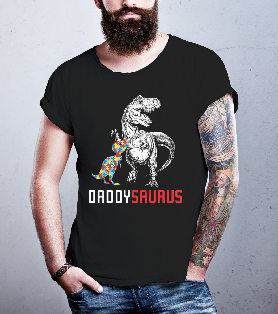 Daddysaurus Dinosaur With Colorful Puzzle Autism Awareness Dad T-Shirt
