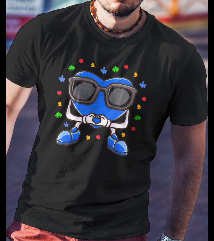 Autism Awareness Month Blue Heart Love Glasses Puzzle Pieces T-Shirt