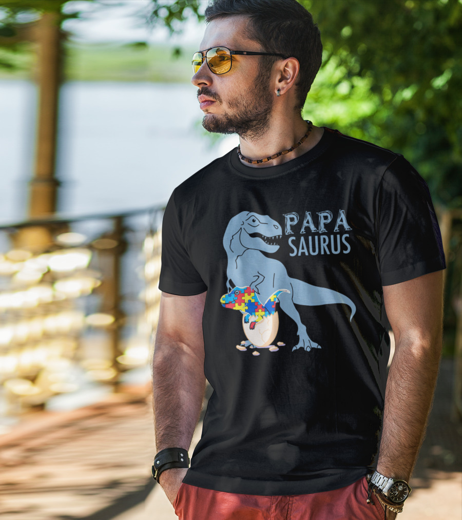 Papasaurus Autism Awareness Dinosaur Puzzle Pieces T-Shirt