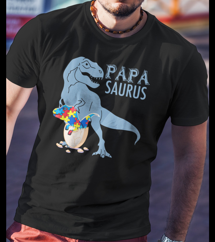 Papasaurus Autism Awareness Dinosaur Puzzle Pieces T-Shirt