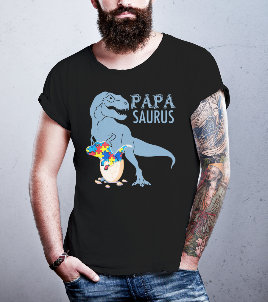 Papasaurus Autism Awareness Dinosaur Puzzle Pieces T-Shirt