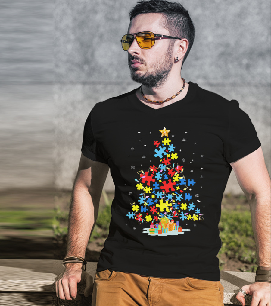Puzzle Piece Autism Awareness Christmas Tree T-Shirt