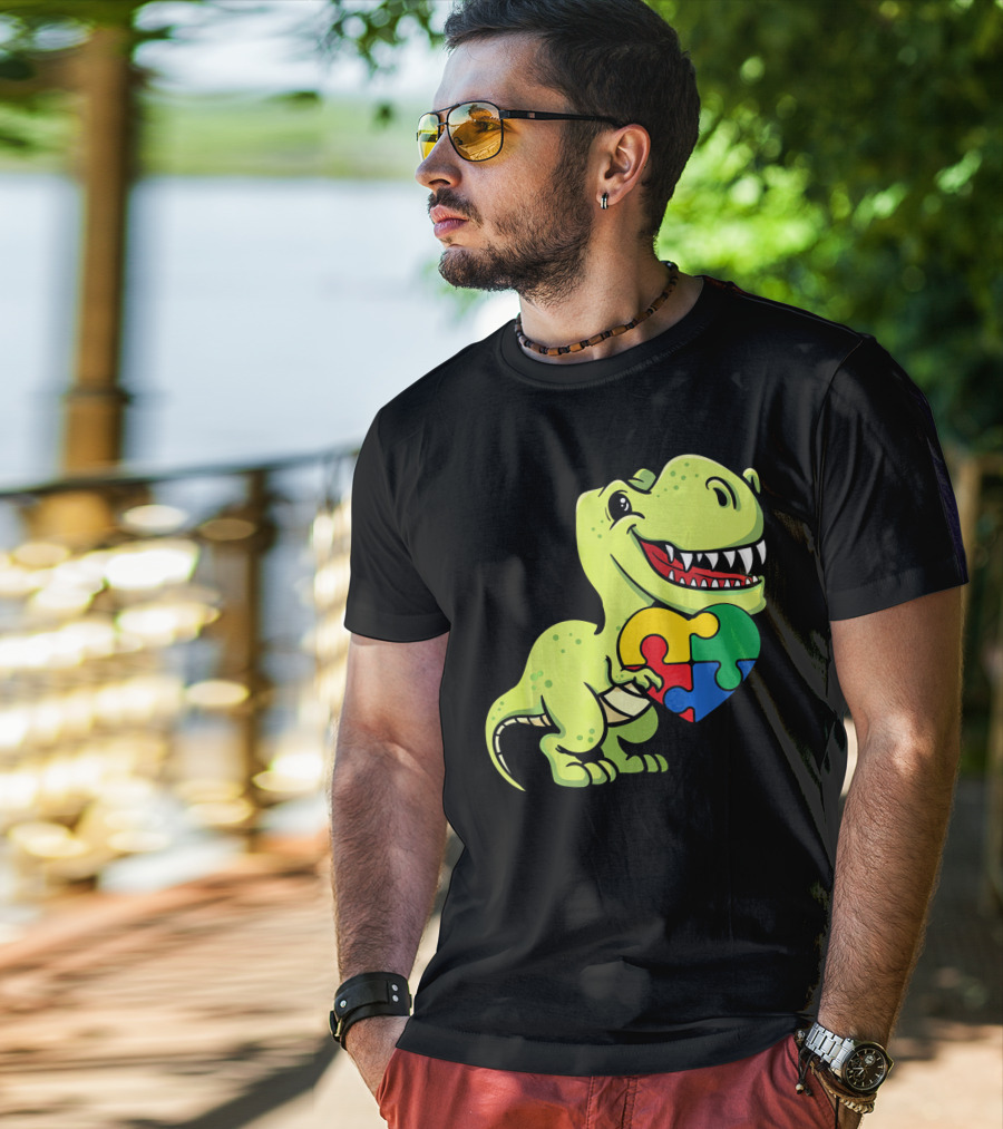Autism Awareness Day Dinosaur T-Rex Holding Puzzle Heart T-Shirt