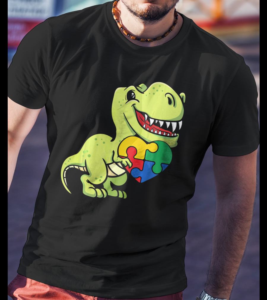 Autism Awareness Day Dinosaur T-Rex Holding Puzzle Heart T-Shirt