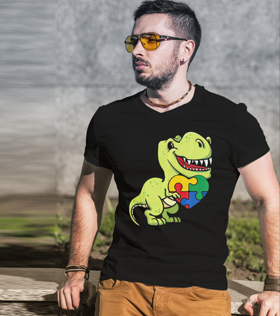 Autism Awareness Day Dinosaur T-Rex Holding Puzzle Heart T-Shirt