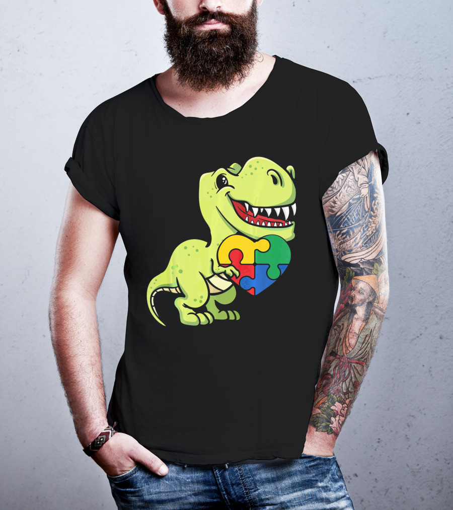 Autism Awareness Day Dinosaur T-Rex Holding Puzzle Heart T-Shirt
