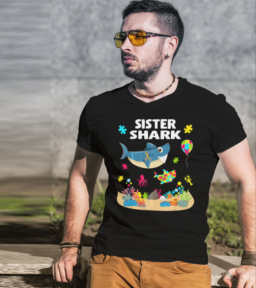 Sister Shark Autism Awareness Puzzle Pieces Ocean T-Shirt
