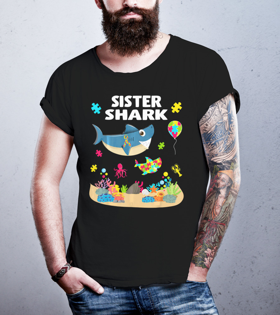 Sister Shark Autism Awareness Puzzle Pieces Ocean T-Shirt