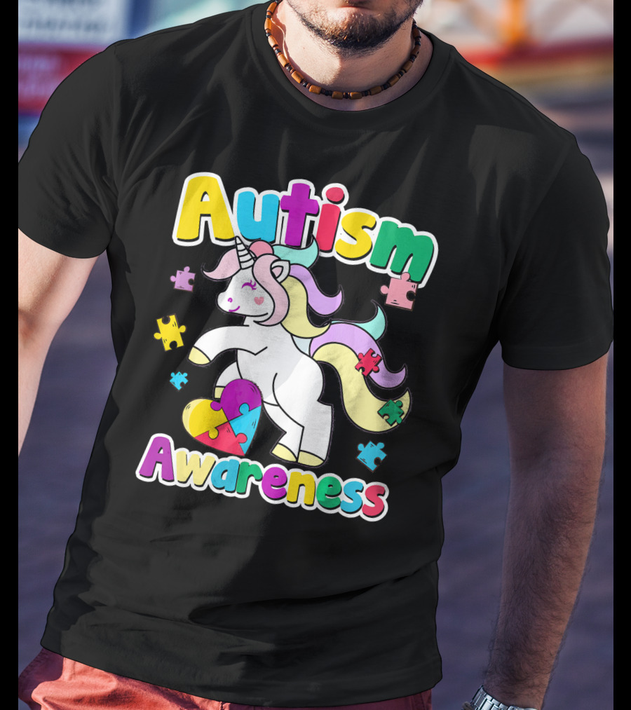 Autism Awareness Unicorn Puzzle Pieces Rainbow Heart T-Shirt