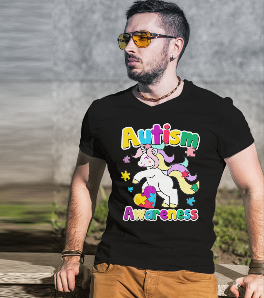 Autism Awareness Unicorn Puzzle Pieces Rainbow Heart T-Shirt