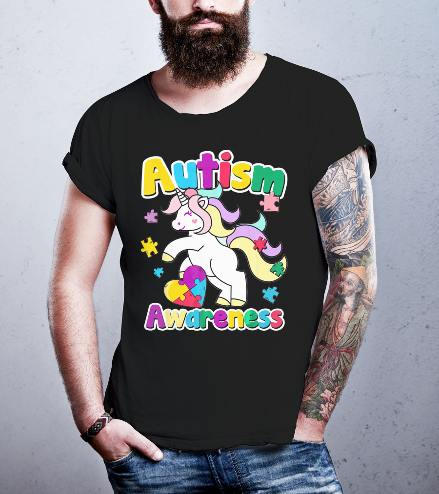 Autism Awareness Unicorn Puzzle Pieces Rainbow Heart T-Shirt