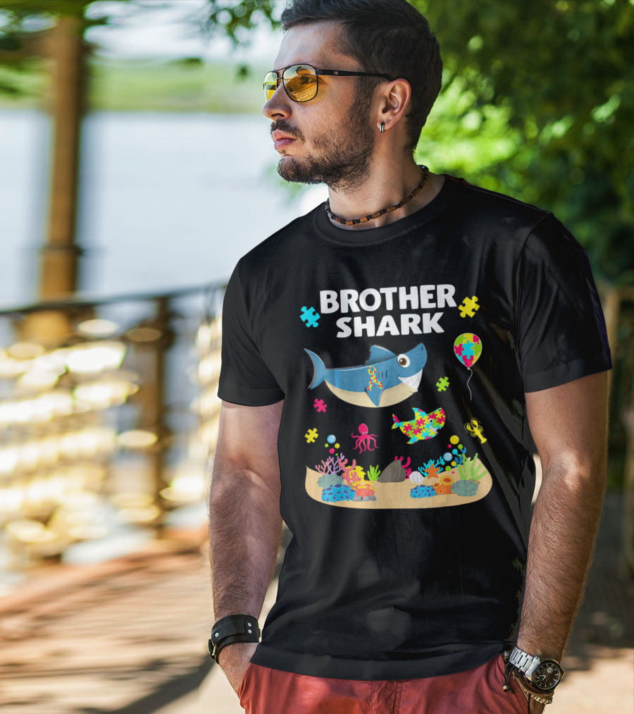 Brother Shark Autism Awareness Puzzle Underwater Scene T-Shirt