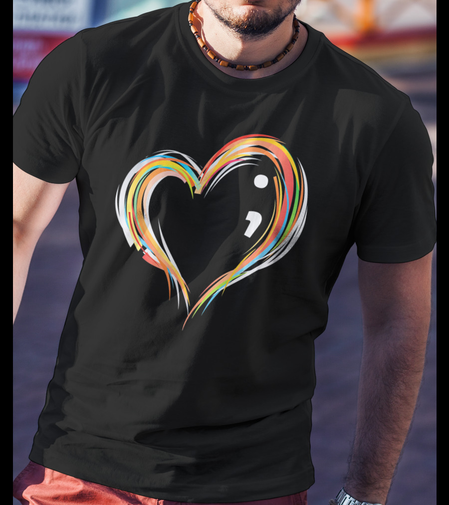 Heart Semicolon Rainbow Design For Mental Health Awareness T-Shirt