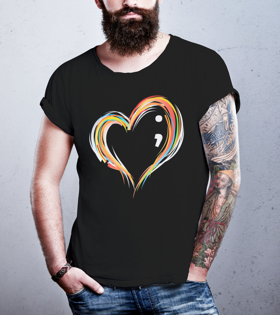 Heart Semicolon Rainbow Design For Mental Health Awareness T-Shirt