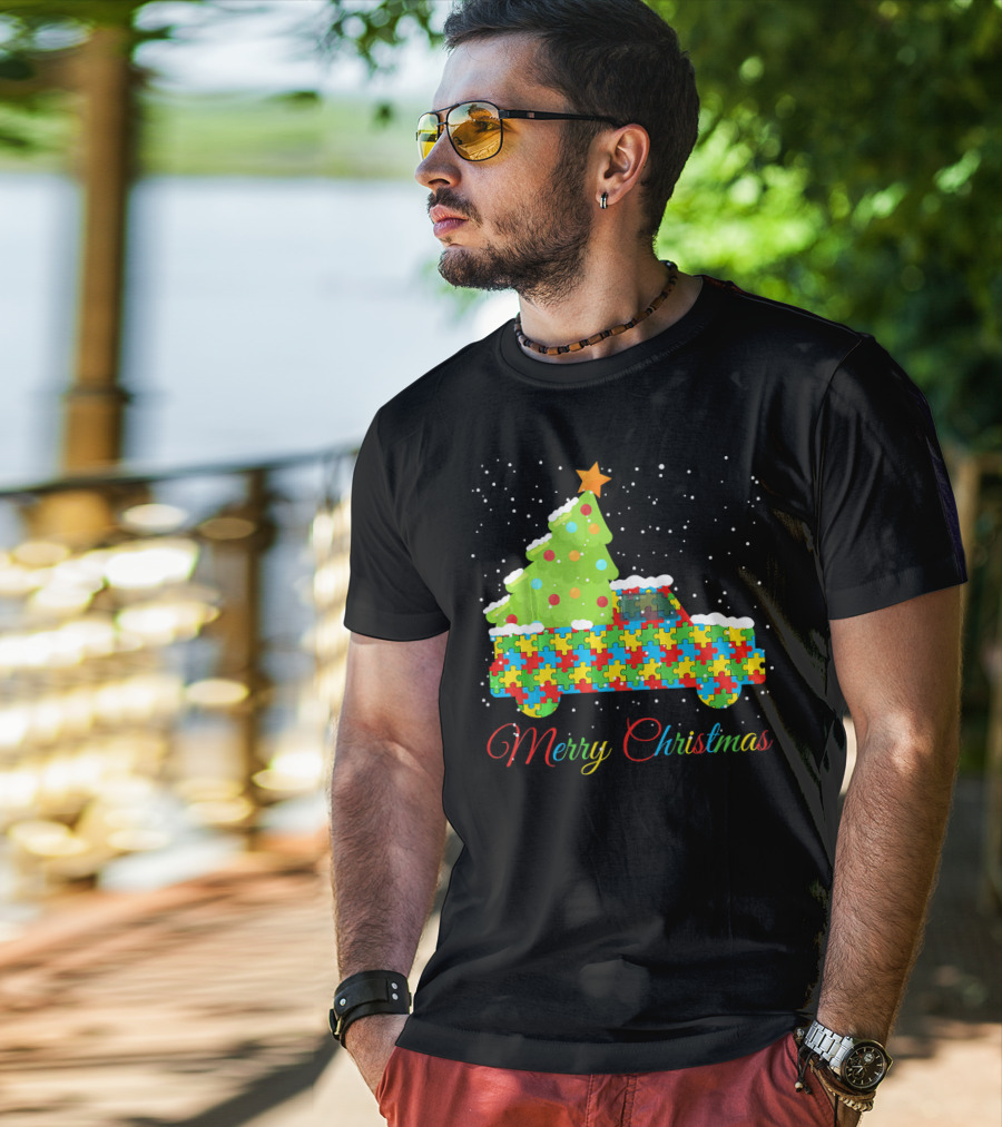 Merry Christmas Puzzle Truck Autism Awareness T-Shirt