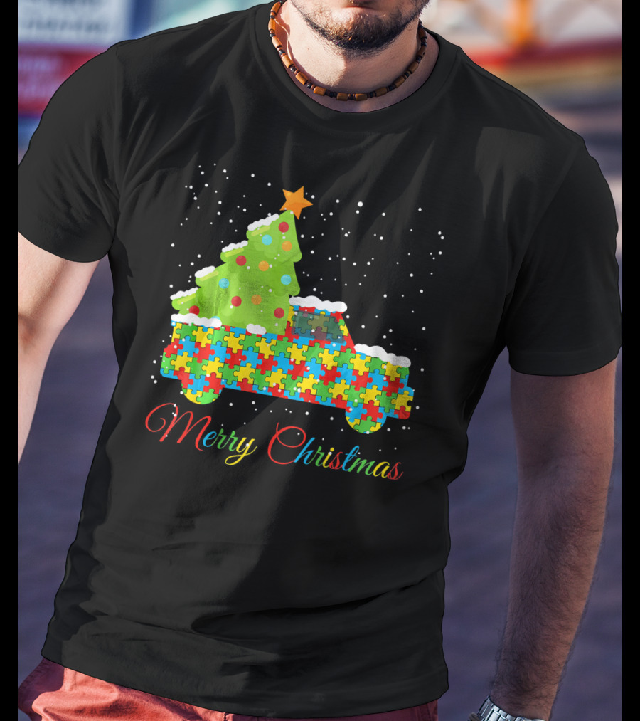 Merry Christmas Puzzle Truck Autism Awareness T-Shirt