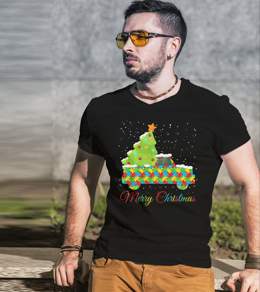 Merry Christmas Puzzle Truck Autism Awareness T-Shirt