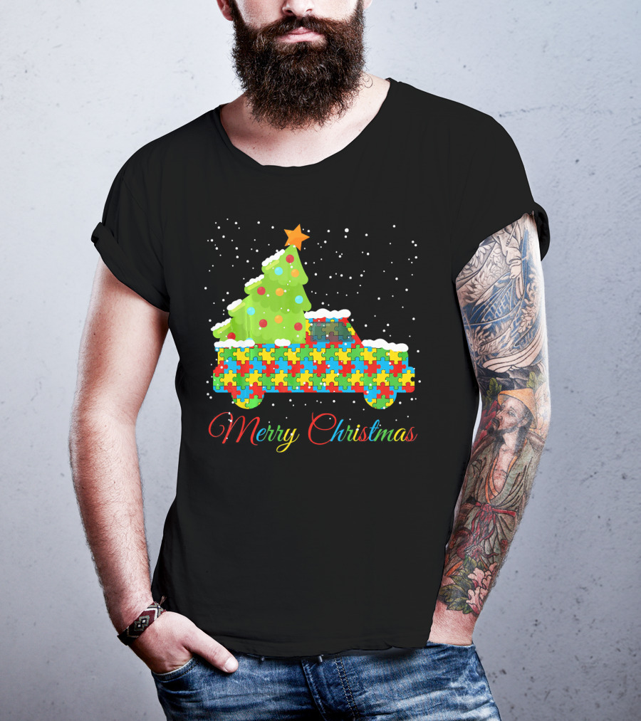 Merry Christmas Puzzle Truck Autism Awareness T-Shirt