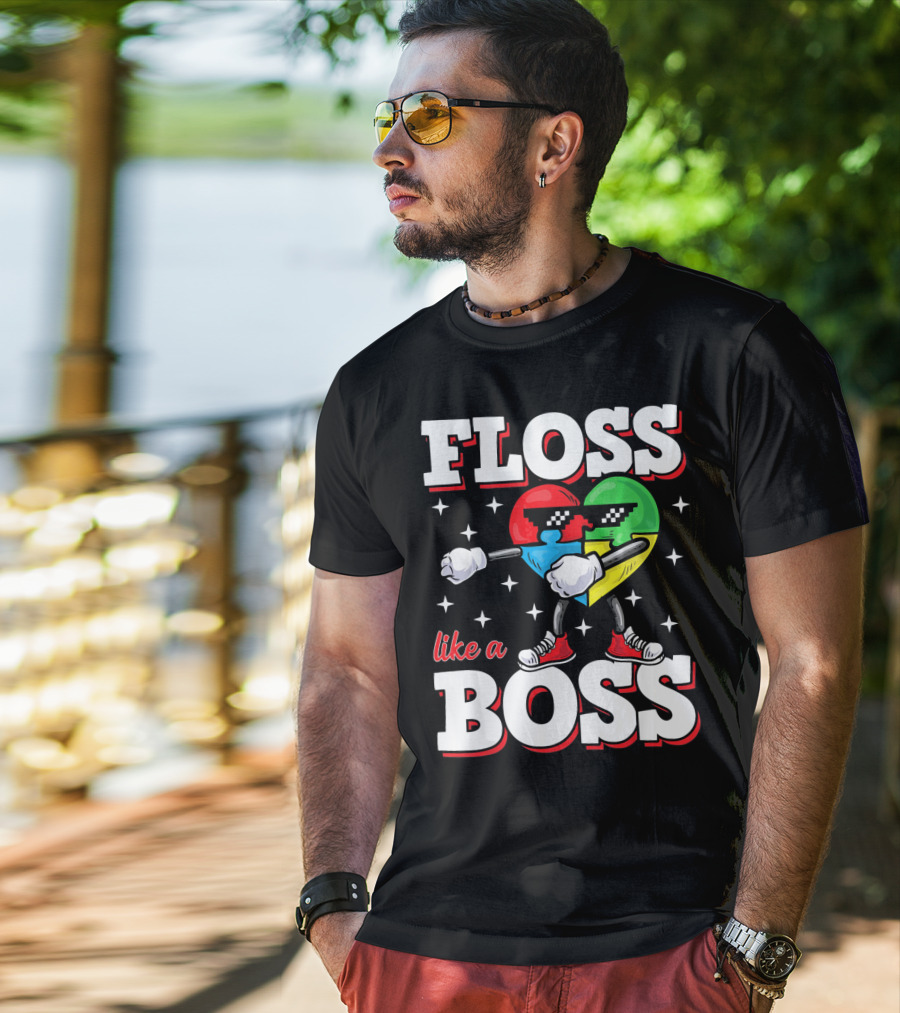 Floss Like A Boss Autism Awareness Heart With Cool Sunglasses T-Shirt