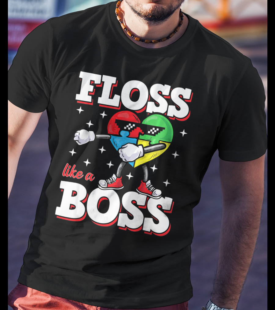 Floss Like A Boss Autism Awareness Heart With Cool Sunglasses T-Shirt