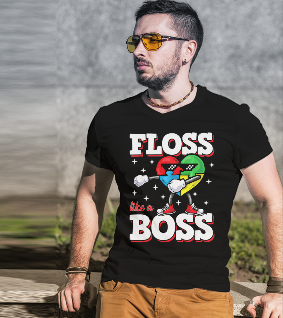 Floss Like A Boss Autism Awareness Heart With Cool Sunglasses T-Shirt