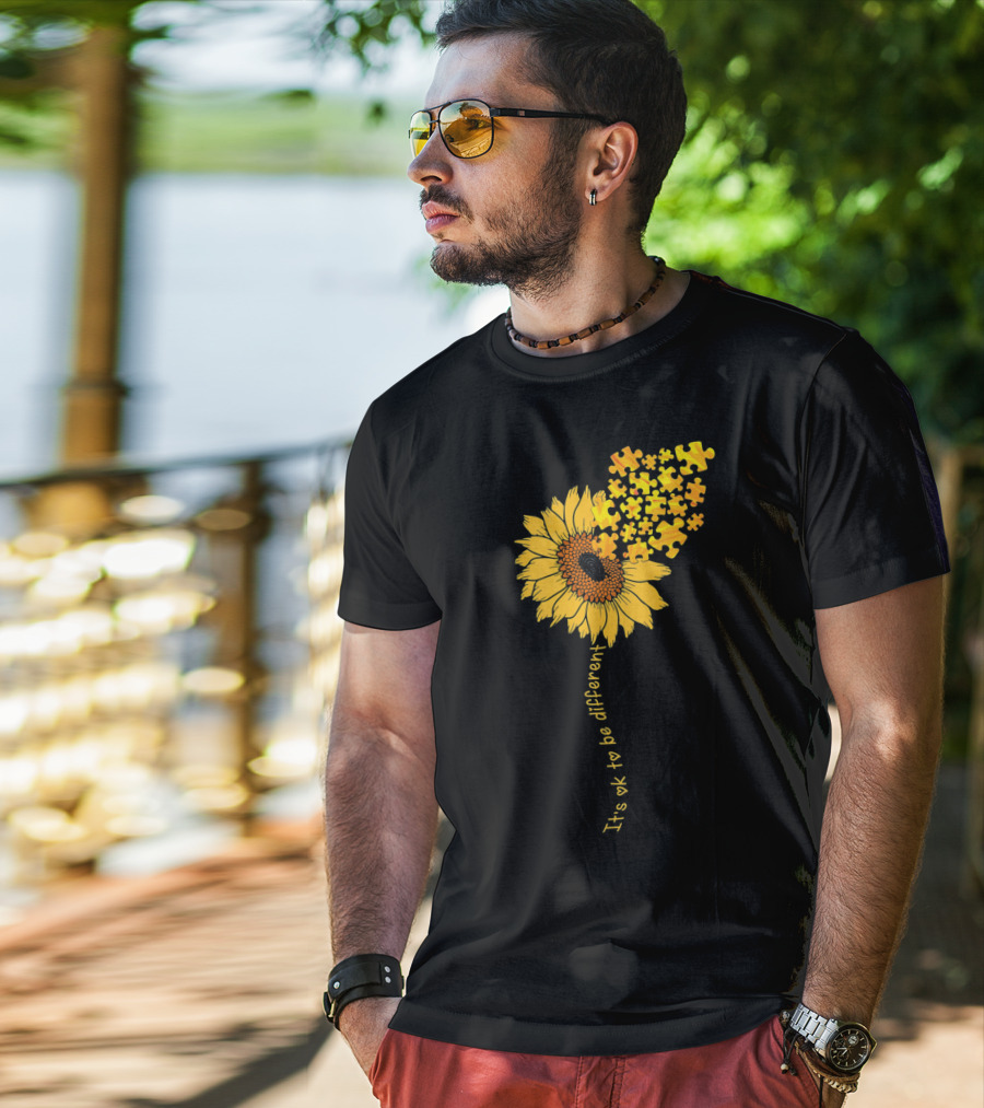 Love Sunflower Puzzle It's OK To Be Different Autism Awareness T-Shirt