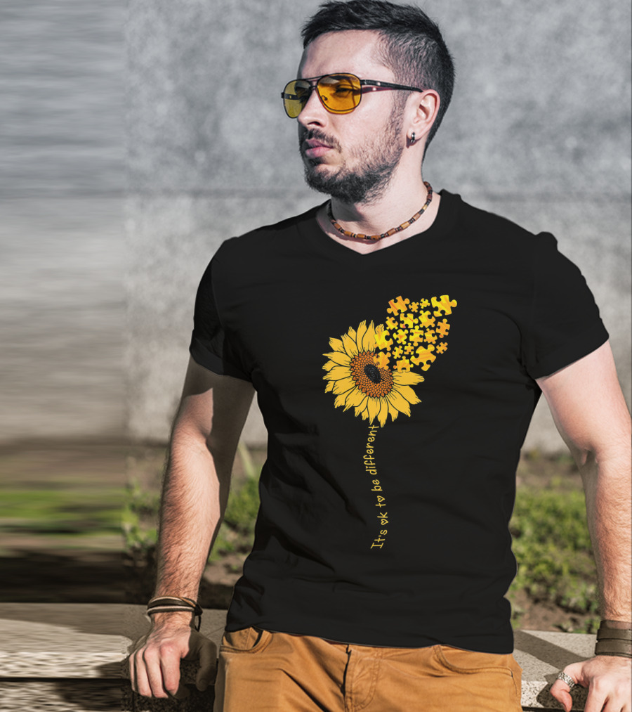 Love Sunflower Puzzle It's OK To Be Different Autism Awareness T-Shirt